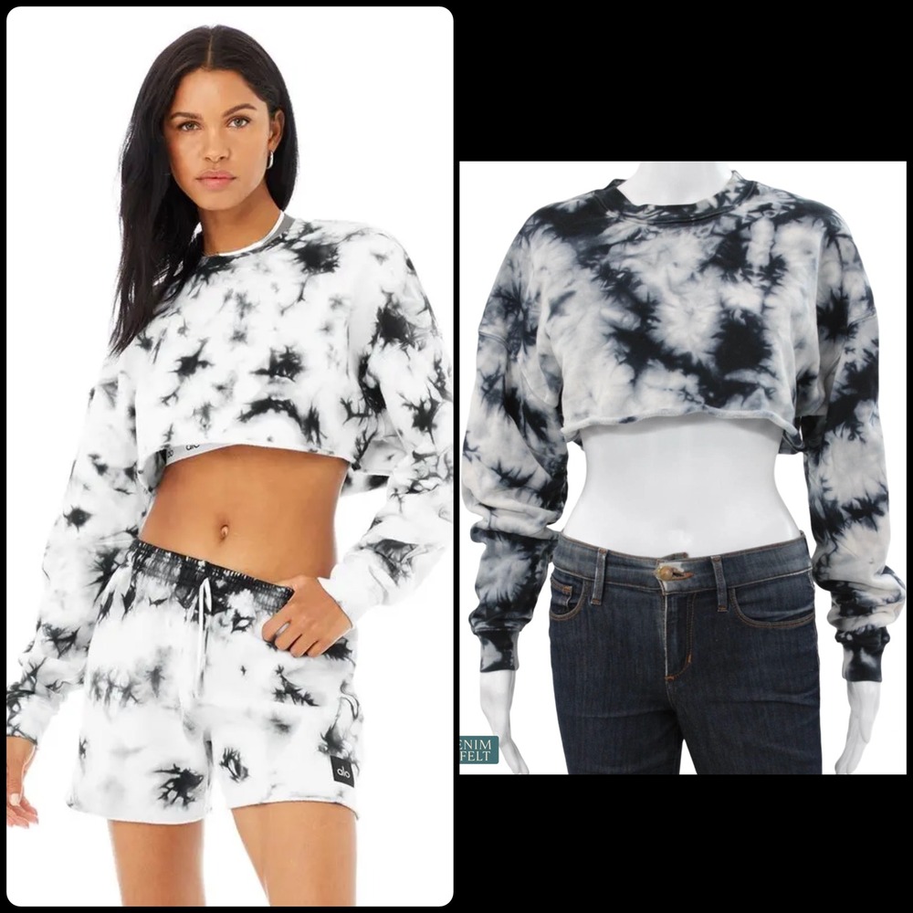 Alo‎ Yoga Tie Dye Extreme Crop Crewneck Sweatshirt Black White Cropped Pullover